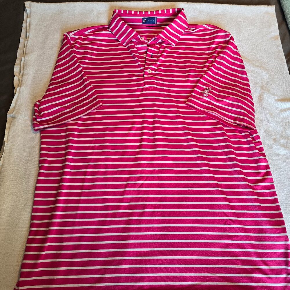 Stitch Mens Hot Pink White Stripe L Large Polo Short Sleeve Shirt Like New! 1908